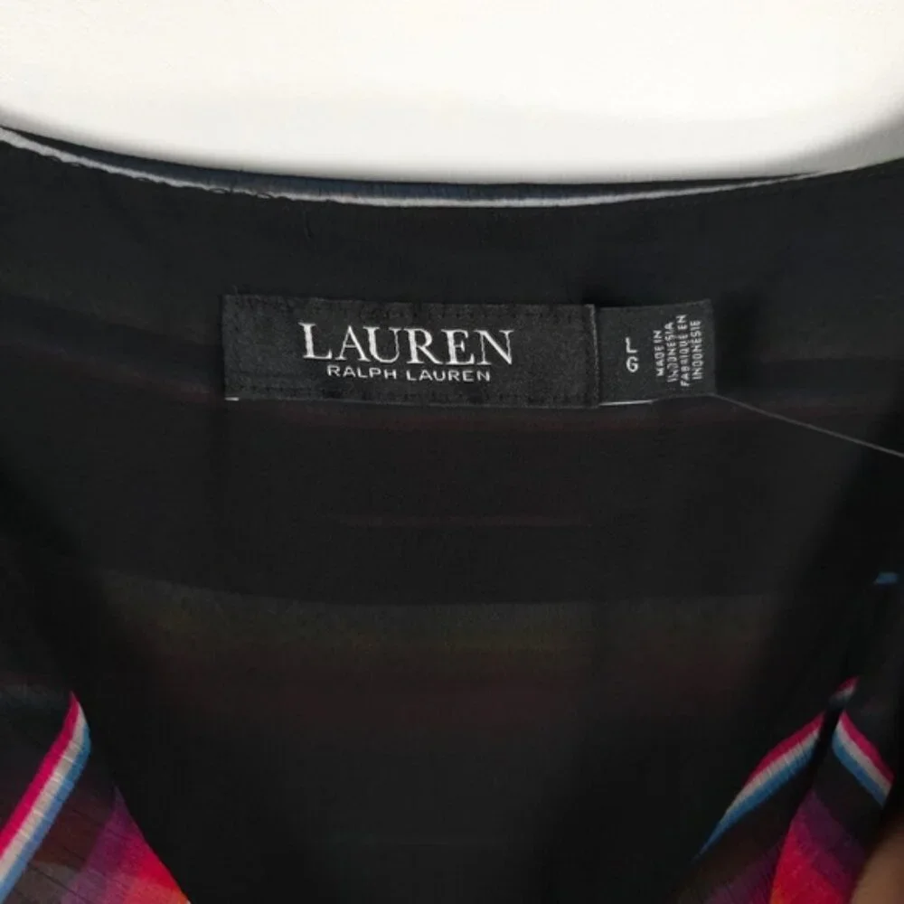 NWT LAUREN RALPH LAUREN BLACK LABEL Ruffled Neck Top Striped Flutter Sleeve Sz L